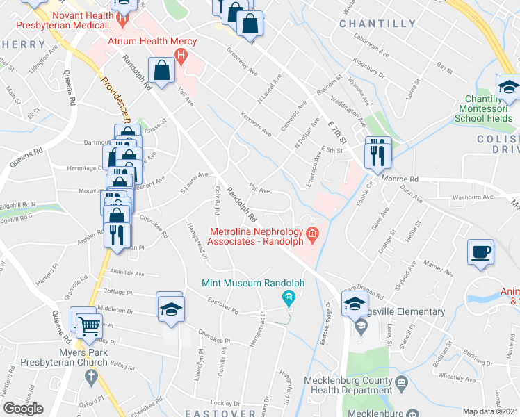 map of restaurants, bars, coffee shops, grocery stores, and more near 2519 Cranbrook Ln in Charlotte