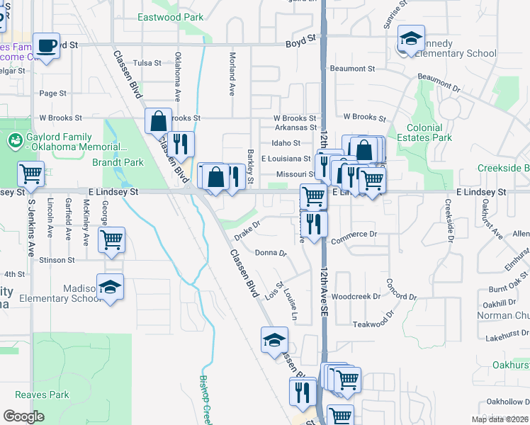 map of restaurants, bars, coffee shops, grocery stores, and more near 922 East Lindsey Street in Norman