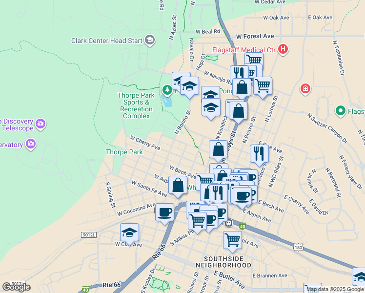 map of restaurants, bars, coffee shops, grocery stores, and more near 321 North Park Street in Flagstaff