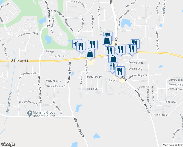 map of restaurants, bars, coffee shops, grocery stores, and more near 9771 Misty Bay Cove in Arlington