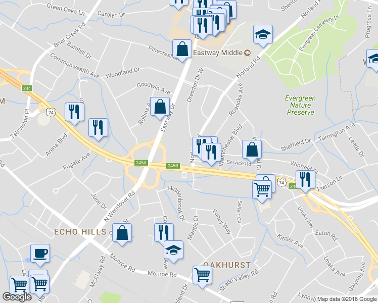 map of restaurants, bars, coffee shops, grocery stores, and more near 931 Norland Road in Charlotte