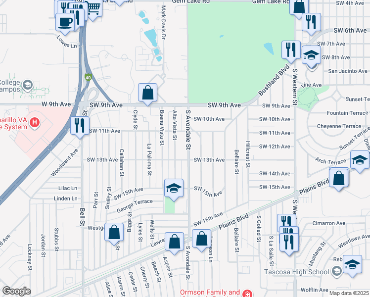 map of restaurants, bars, coffee shops, grocery stores, and more near 1104 South Avondale Street in Amarillo