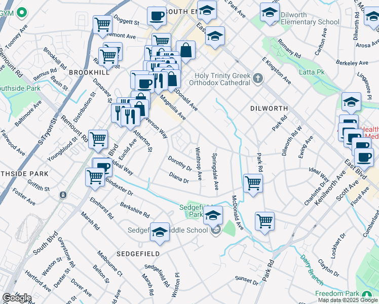 map of restaurants, bars, coffee shops, grocery stores, and more near in Charlotte