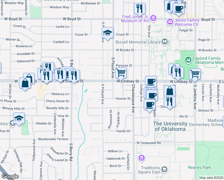 map of restaurants, bars, coffee shops, grocery stores, and more near 916 West Lindsey Street in Norman