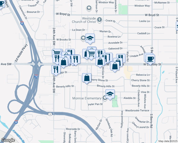 map of restaurants, bars, coffee shops, grocery stores, and more near 1932 West Lindsey Street in Norman