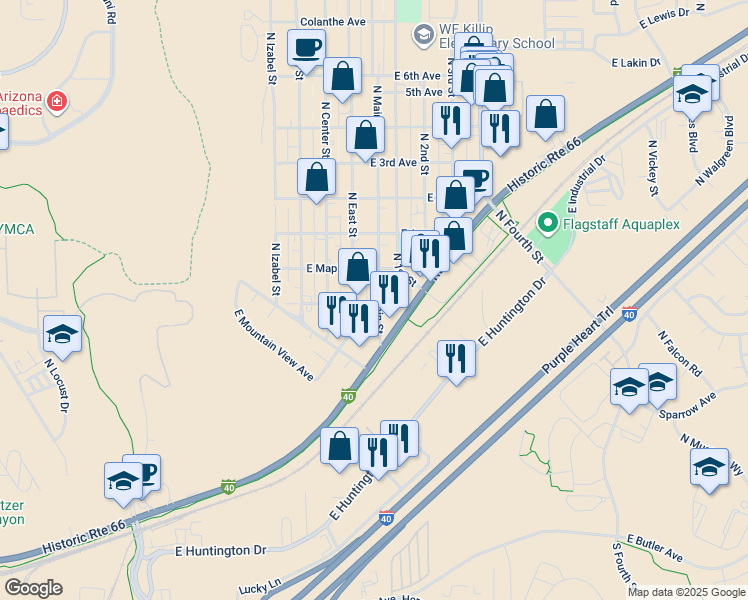 map of restaurants, bars, coffee shops, grocery stores, and more near 1621 North Main Street in Flagstaff