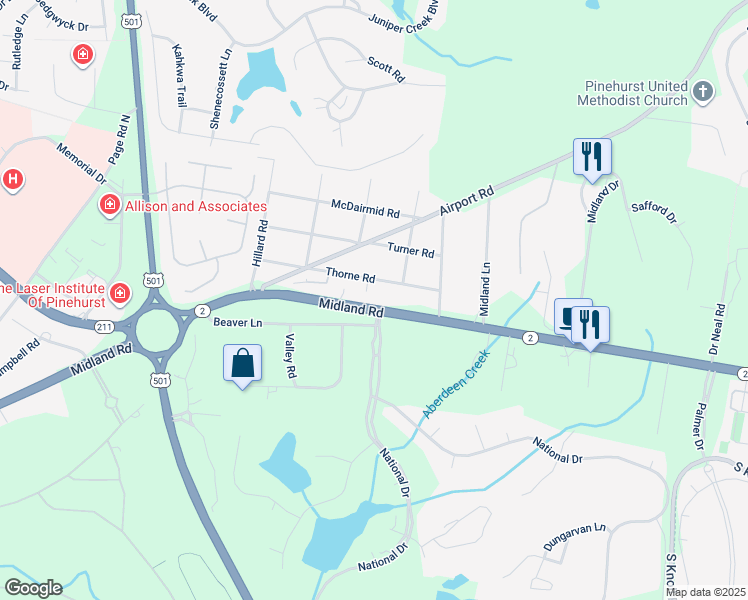 map of restaurants, bars, coffee shops, grocery stores, and more near 96 Hampton Place in Pinehurst