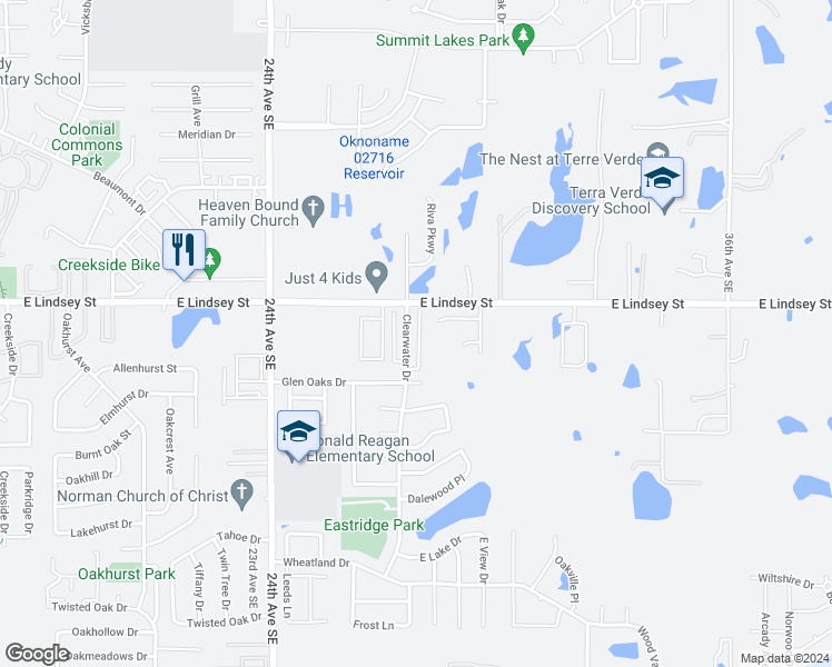 map of restaurants, bars, coffee shops, grocery stores, and more near 1215 Clearwater Drive in Norman