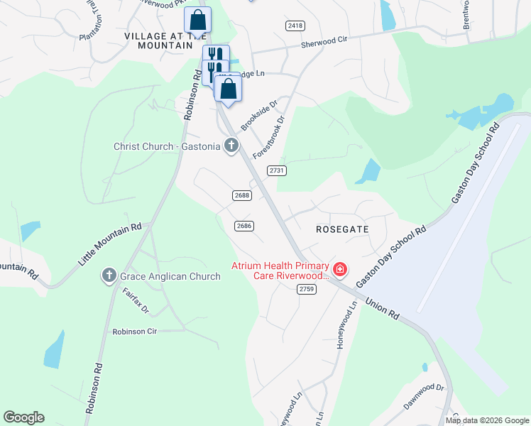 map of restaurants, bars, coffee shops, grocery stores, and more near 3616 Union Road in Gastonia