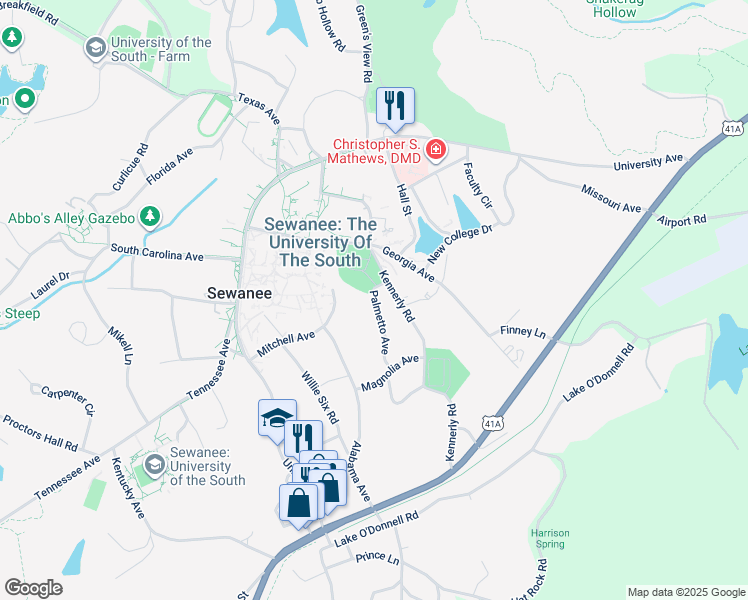 map of restaurants, bars, coffee shops, grocery stores, and more near 64 Palmetto Avenue in Sewanee