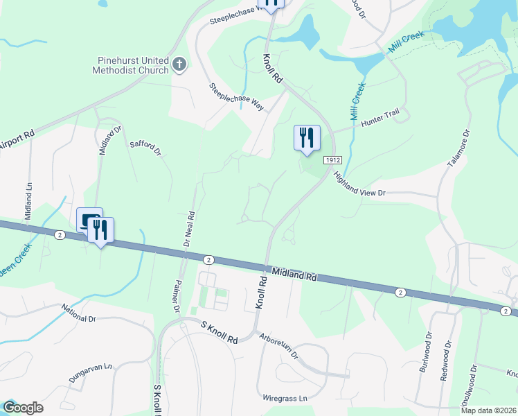 map of restaurants, bars, coffee shops, grocery stores, and more near 514 Cottage Lane in Southern Pines
