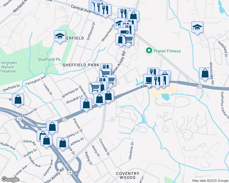 map of restaurants, bars, coffee shops, grocery stores, and more near 3200 North Sharon Amity Road in Charlotte