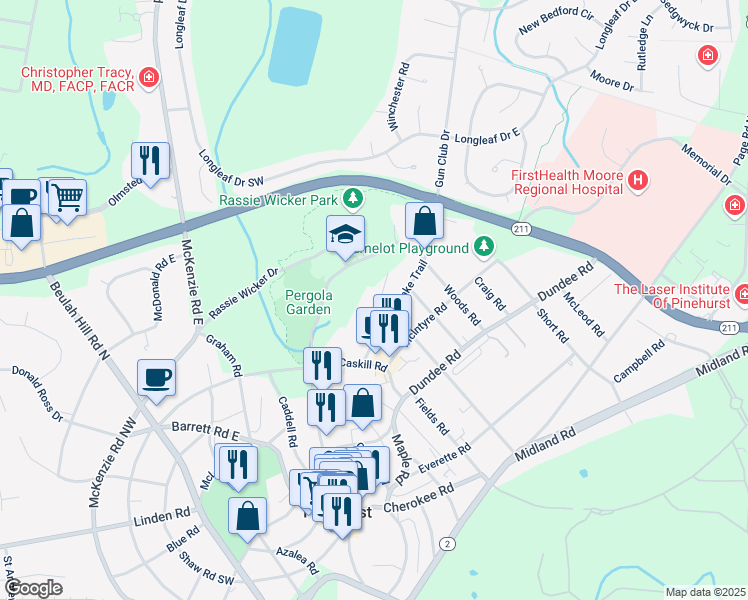 map of restaurants, bars, coffee shops, grocery stores, and more near 10 Board Branch Road in Pinehurst