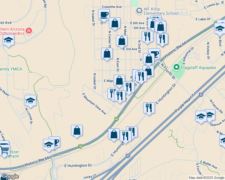 map of restaurants, bars, coffee shops, grocery stores, and more near 1620 North Center Street in Flagstaff