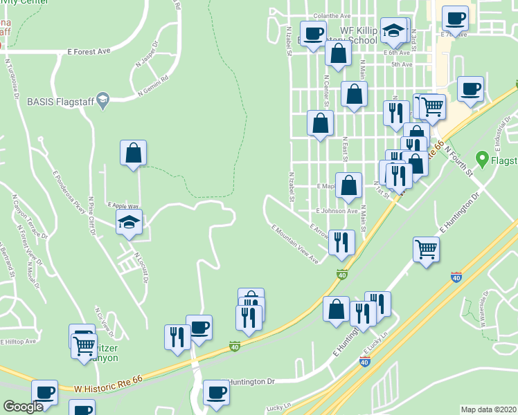 map of restaurants, bars, coffee shops, grocery stores, and more near 1601 East Mountain View Avenue in Flagstaff