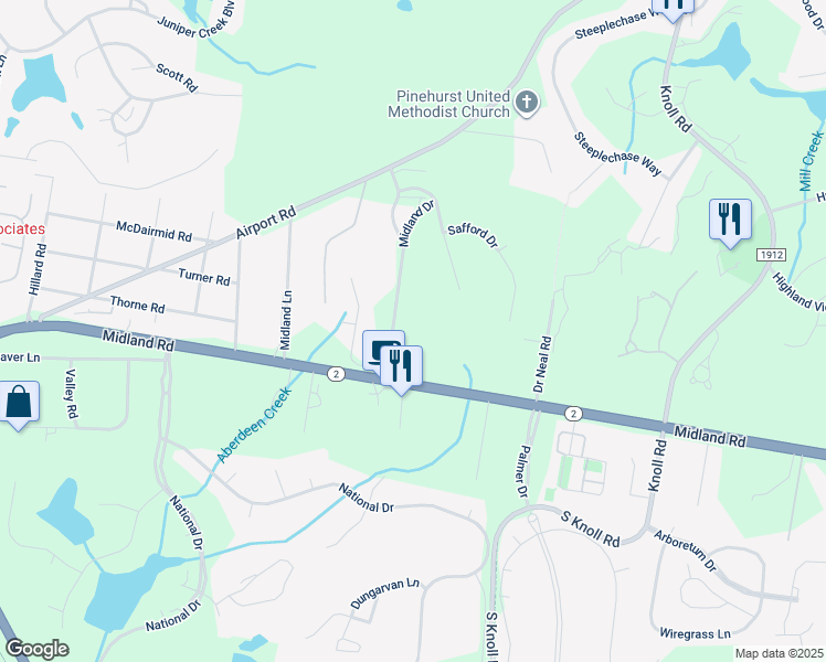 map of restaurants, bars, coffee shops, grocery stores, and more near 115 Florence Drive in Pinehurst