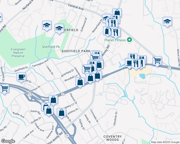 map of restaurants, bars, coffee shops, grocery stores, and more near 3148 Driftwood Drive in Charlotte