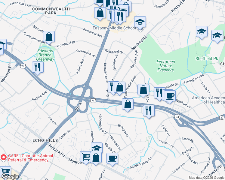 map of restaurants, bars, coffee shops, grocery stores, and more near 949 Norland Road in Charlotte