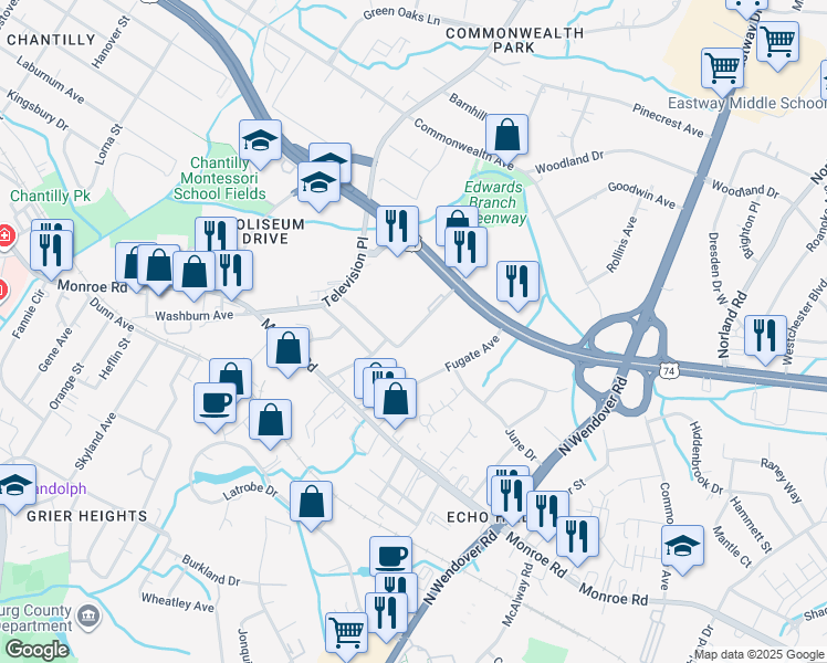 map of restaurants, bars, coffee shops, grocery stores, and more near 2900 East Independence Boulevard in Charlotte