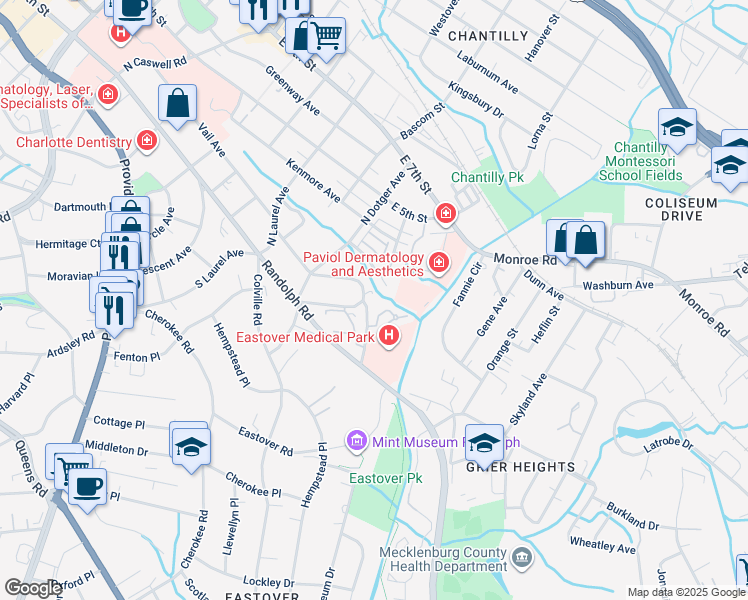 map of restaurants, bars, coffee shops, grocery stores, and more near in Charlotte