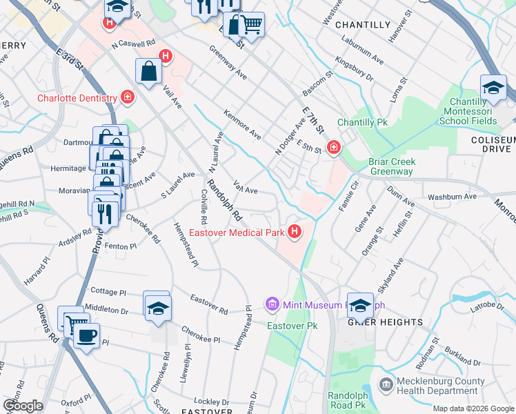 map of restaurants, bars, coffee shops, grocery stores, and more near 2520 Vail Avenue in Charlotte