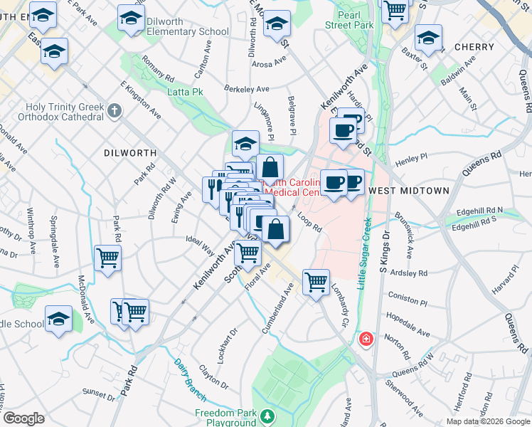 map of restaurants, bars, coffee shops, grocery stores, and more near in Charlotte