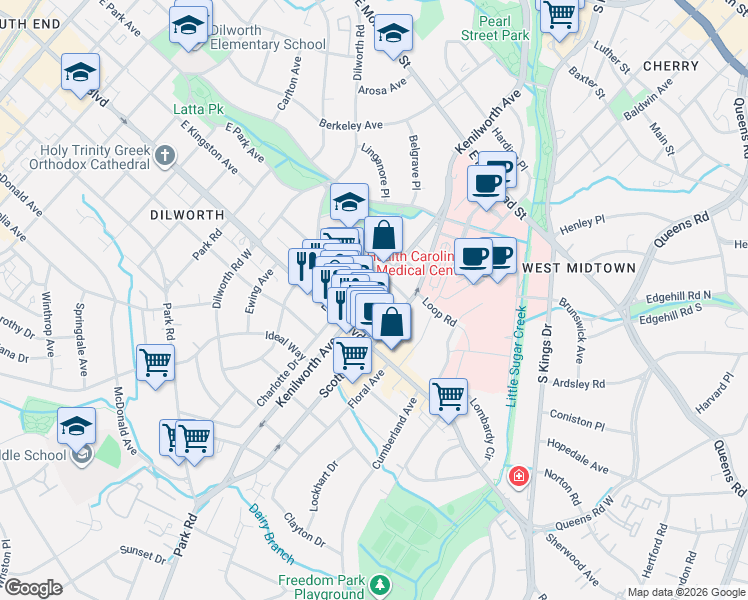 map of restaurants, bars, coffee shops, grocery stores, and more near in Charlotte