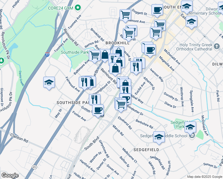 map of restaurants, bars, coffee shops, grocery stores, and more near 2617 Youngblood Street in Charlotte