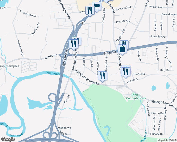 map of restaurants, bars, coffee shops, grocery stores, and more near 4310 Old Raleigh Lagrange Road in Memphis