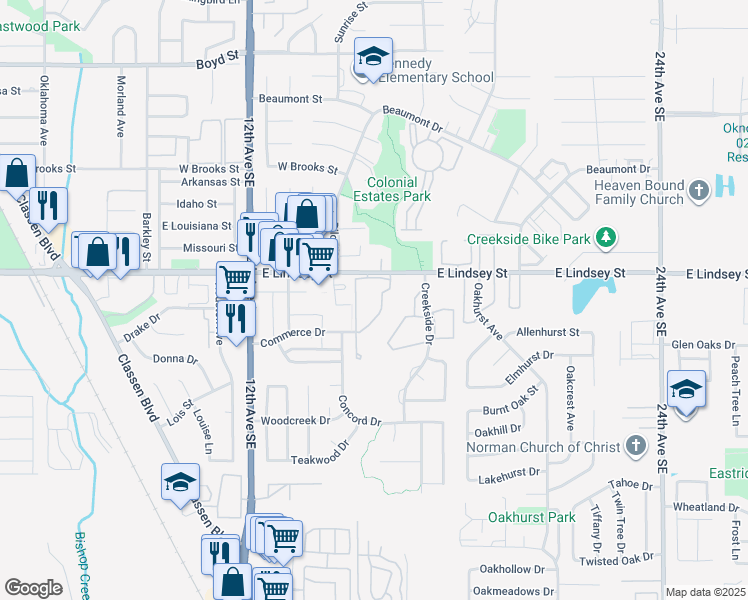 map of restaurants, bars, coffee shops, grocery stores, and more near 1500 East Lindsey Street in Norman