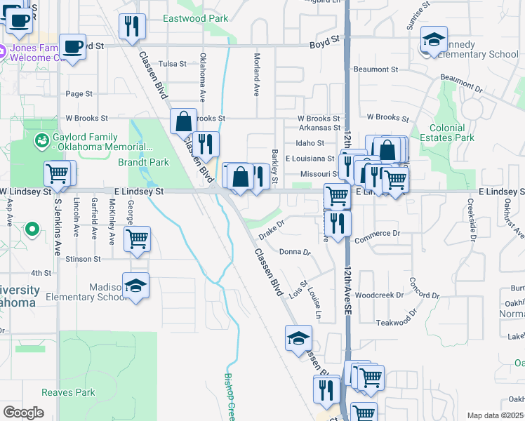 map of restaurants, bars, coffee shops, grocery stores, and more near 800 East Lindsey Street in Norman