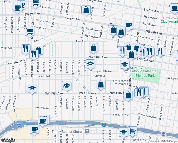 map of restaurants, bars, coffee shops, grocery stores, and more near 1018 South Travis Street in Amarillo