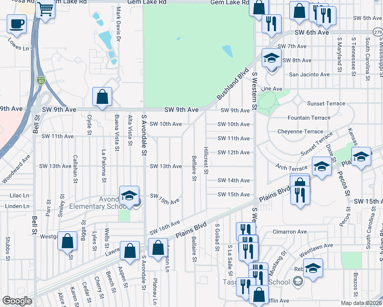 map of restaurants, bars, coffee shops, grocery stores, and more near 1017 Bellaire Street in Amarillo