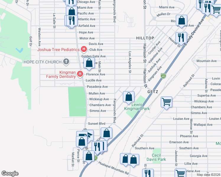 map of restaurants, bars, coffee shops, grocery stores, and more near 2040 Pasadena Avenue in Kingman