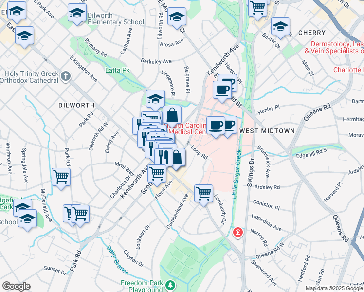 map of restaurants, bars, coffee shops, grocery stores, and more near 1600 Scott Avenue in Charlotte