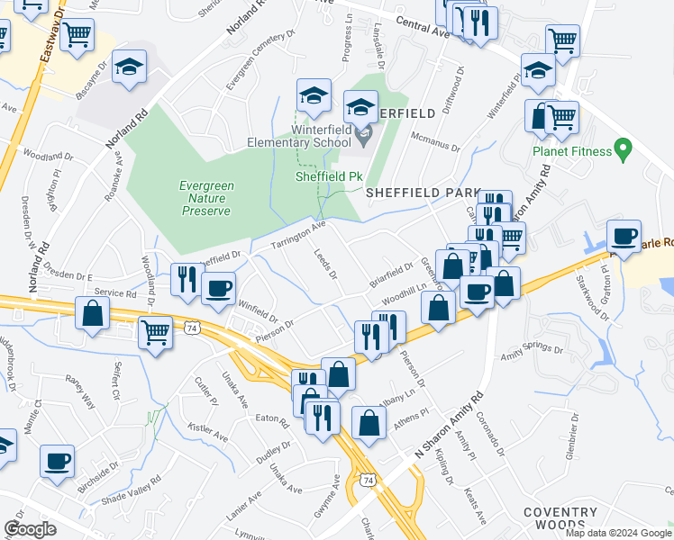 map of restaurants, bars, coffee shops, grocery stores, and more near 4115 Leeds Drive in Charlotte