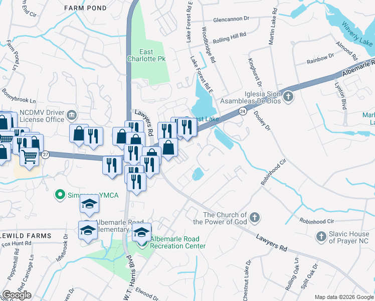 map of restaurants, bars, coffee shops, grocery stores, and more near 7200 North Carolina 24 in Charlotte