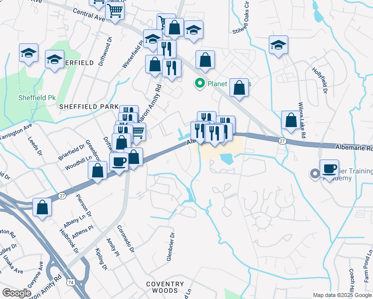 map of restaurants, bars, coffee shops, grocery stores, and more near 5470 Albemarle Road in Charlotte
