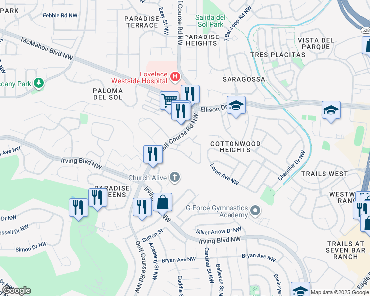 map of restaurants, bars, coffee shops, grocery stores, and more near 10300 Golf Course Road Northwest in Albuquerque