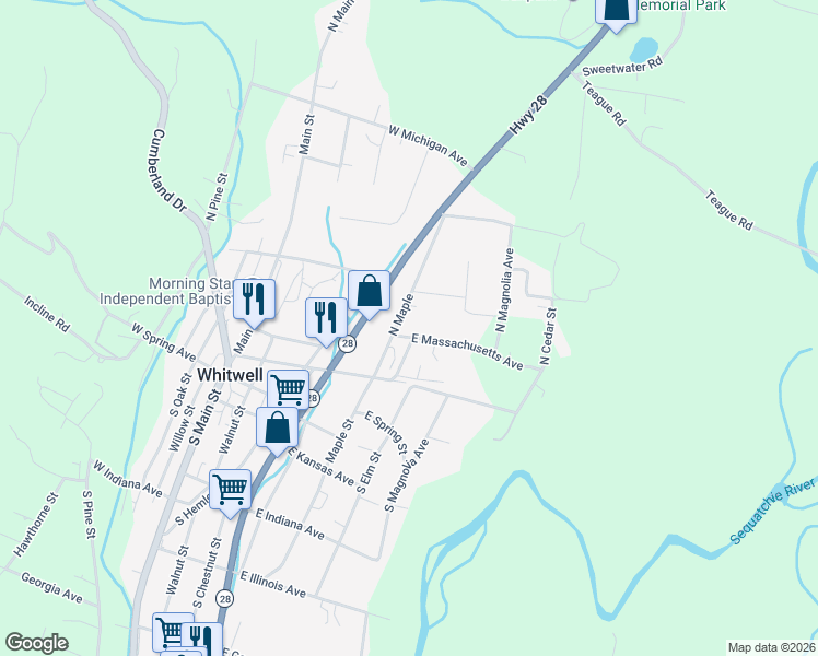 map of restaurants, bars, coffee shops, grocery stores, and more near 794 Maple Street in Whitwell