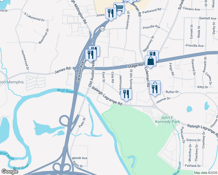 map of restaurants, bars, coffee shops, grocery stores, and more near 4310 Old Raleigh Lagrange Road in Memphis