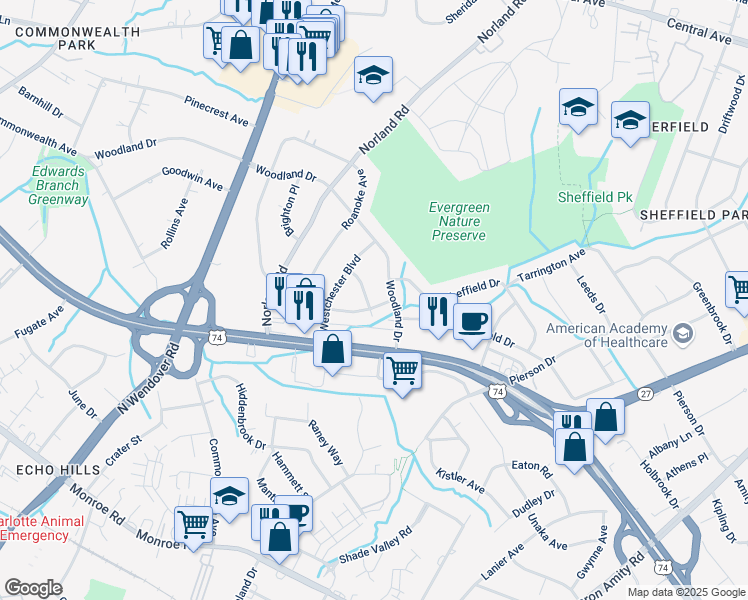map of restaurants, bars, coffee shops, grocery stores, and more near 1943 Optimist Lane in Charlotte