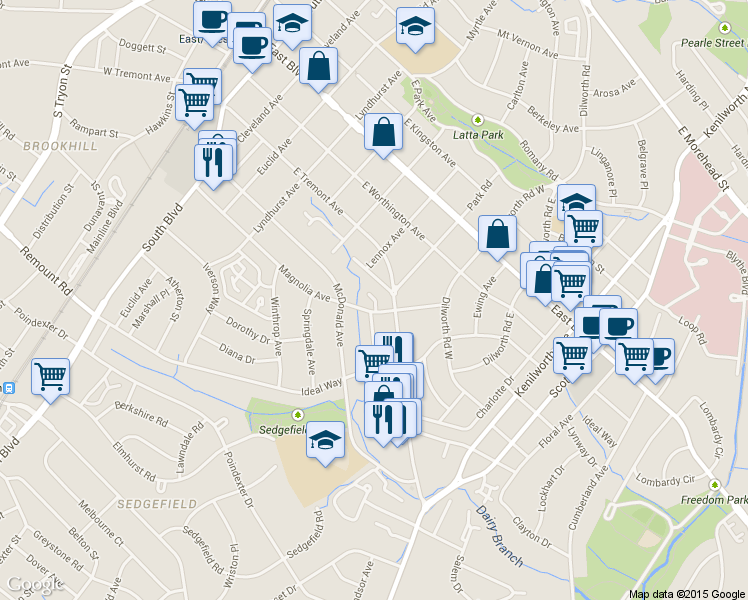 map of restaurants, bars, coffee shops, grocery stores, and more near 781 Magnolia Avenue in Charlotte