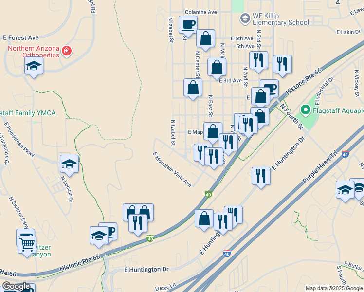 map of restaurants, bars, coffee shops, grocery stores, and more near 1609 North West Street in Flagstaff