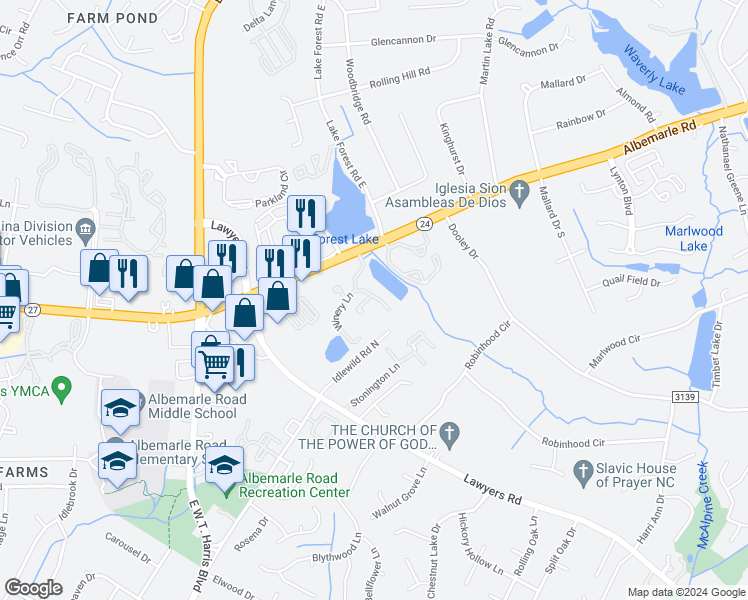 map of restaurants, bars, coffee shops, grocery stores, and more near 7332 Winery Lane in Charlotte