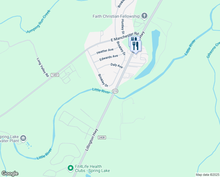 map of restaurants, bars, coffee shops, grocery stores, and more near 2506 Brinkley Drive in Spring Lake