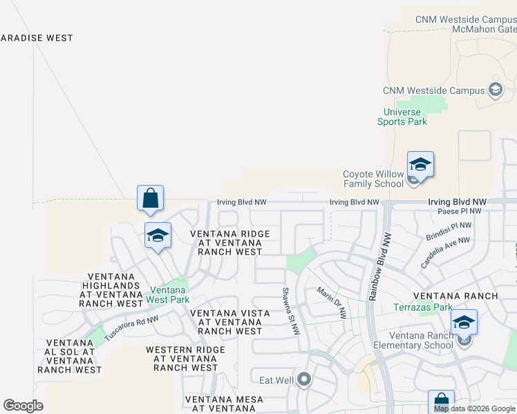 map of restaurants, bars, coffee shops, grocery stores, and more near 7719 Snowy Egret Court Northwest in Albuquerque