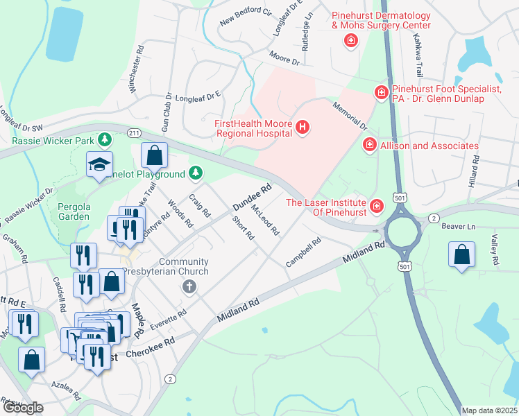 map of restaurants, bars, coffee shops, grocery stores, and more near 5 McFarland Road in Pinehurst