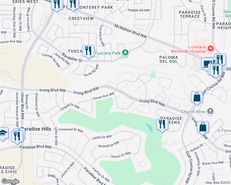 map of restaurants, bars, coffee shops, grocery stores, and more near 5100 Willow Creek Place Northwest in Albuquerque
