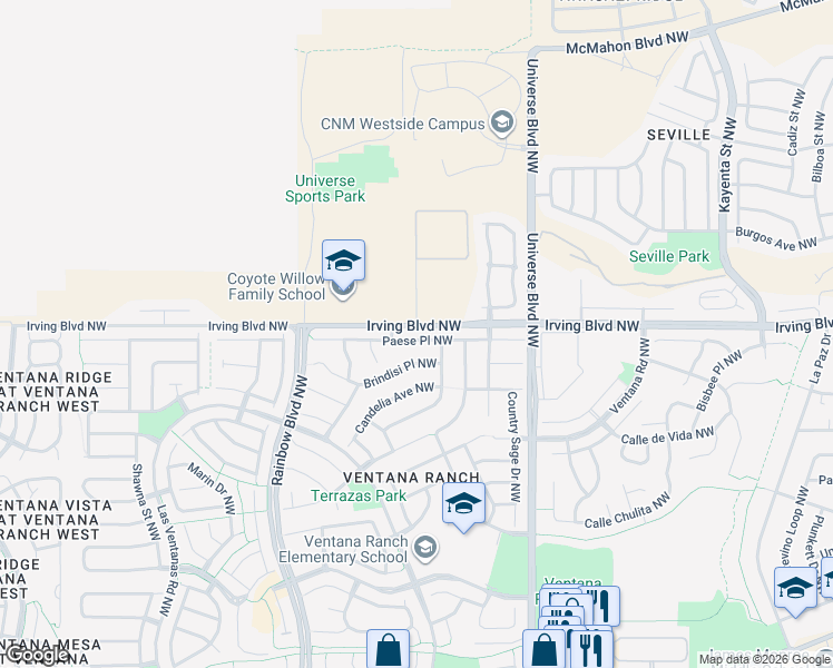map of restaurants, bars, coffee shops, grocery stores, and more near 6827 Paese Place Northwest in Albuquerque